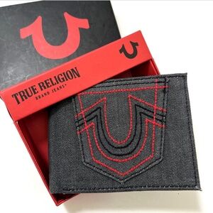 NWT True Religion Reece Denim Leather L-fold Wallet Black Gray Stitch Logo Boxed
